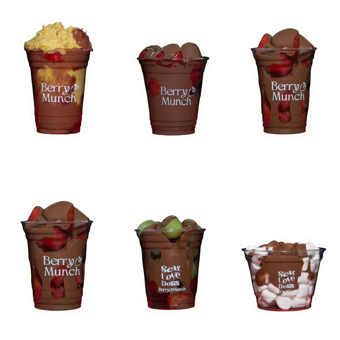 Colección de vasos Berry Munch con fresas, chocolate y toppings