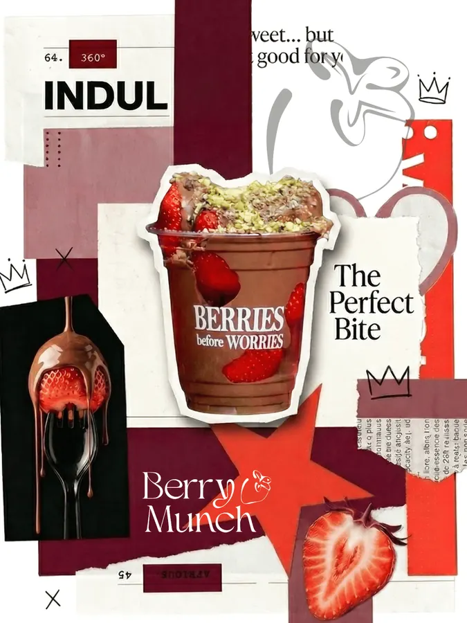 Collage editorial Berry Munch con vaso de fresas y chocolate